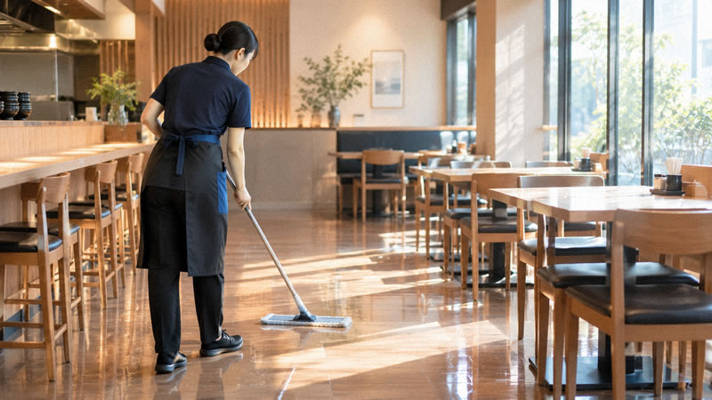 店舗のフロアをモップがけする様子