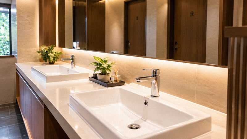 ピカピカに磨かれたトイレと洗面台