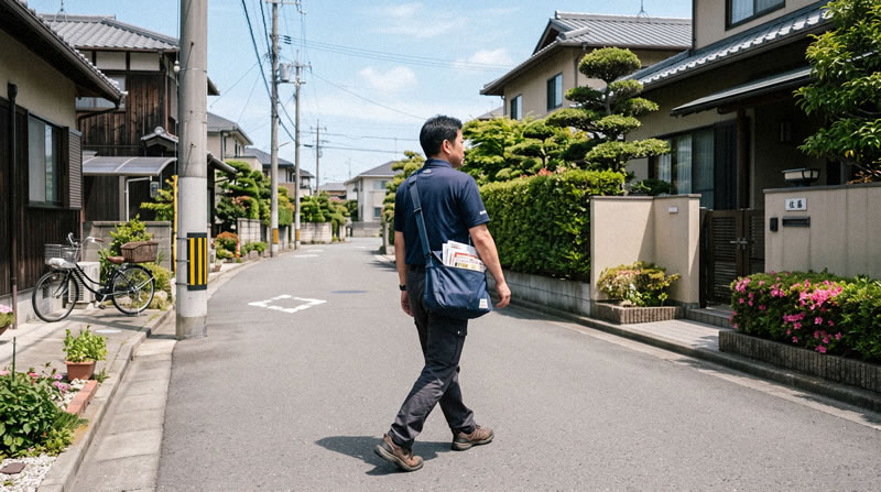 地域で丁寧にポスティングするスタッフの様子